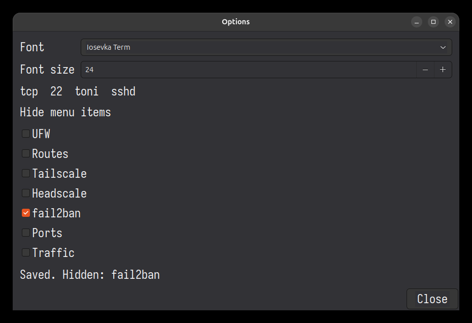 Options window for the menu font and which status rows to hide