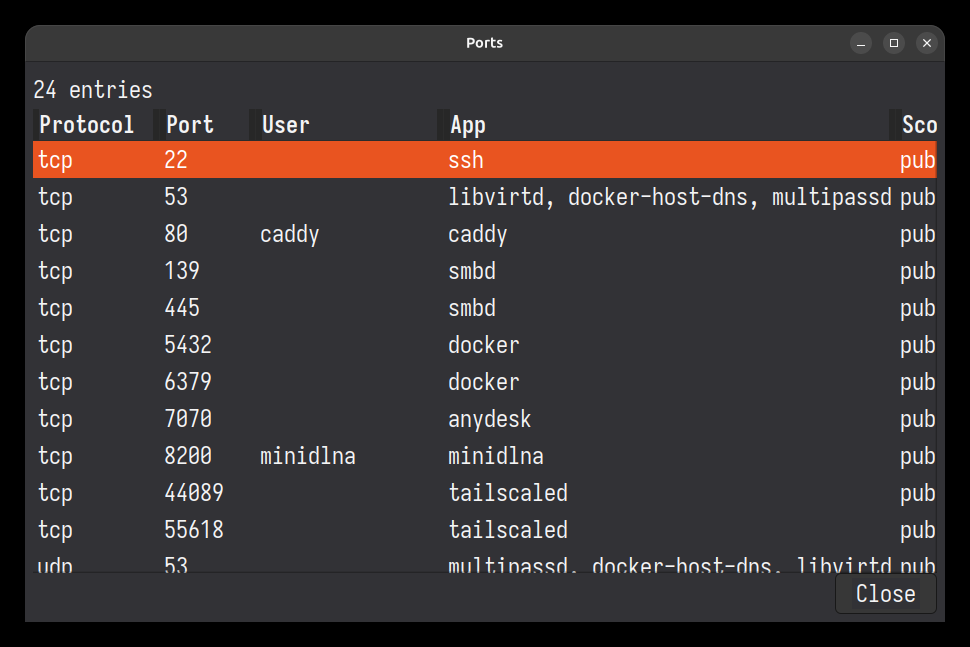 Ports window listing listening services by protocol, port, and app