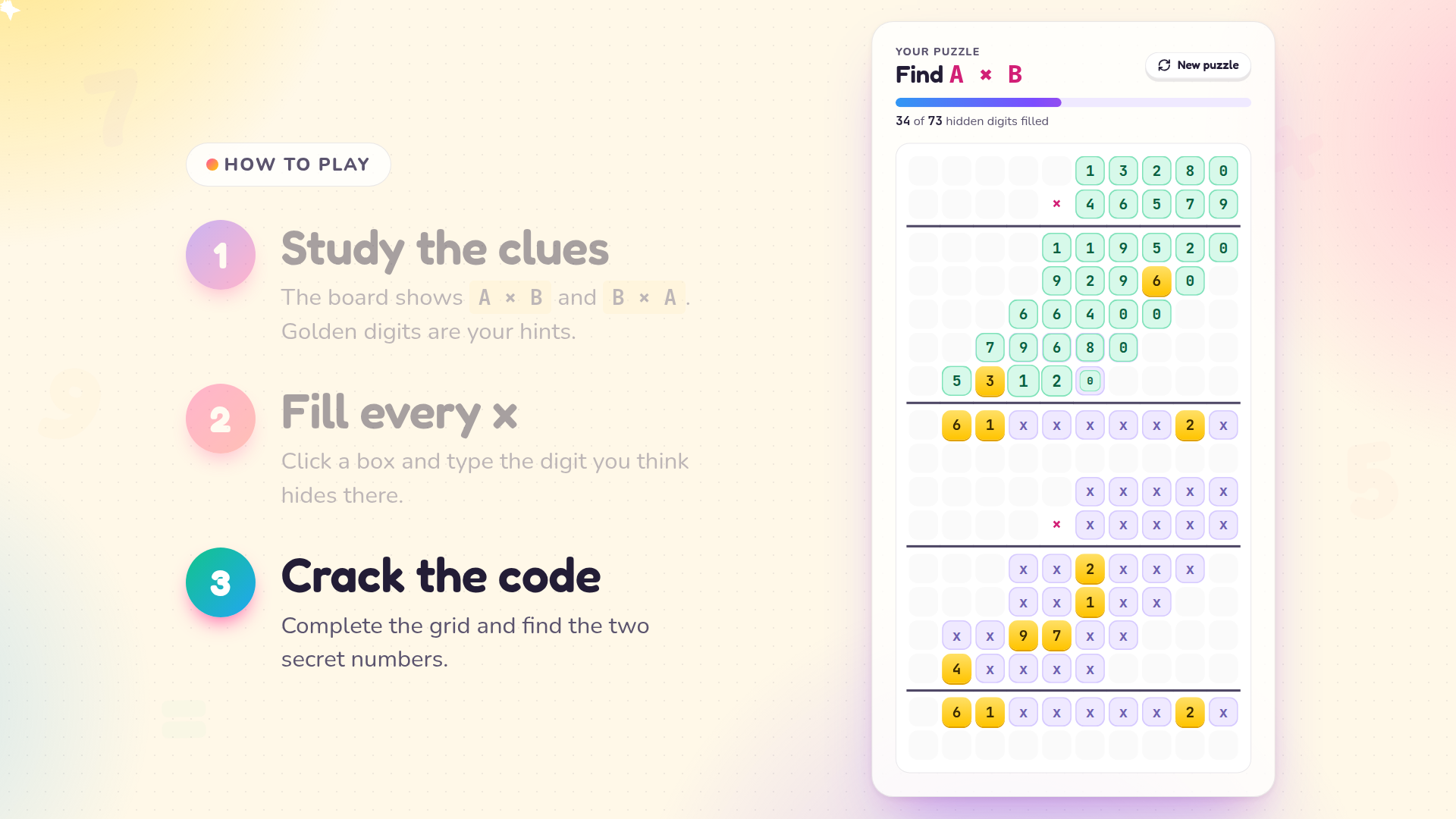 Mable how-to-play steps beside a multiplication grid